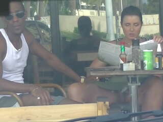 Cheating Wife &num;4 third part - Hubby movies me outside a cafe Upskirt Flashing and having an Interracial affair with a Black Man&excl;&excl;&excl;